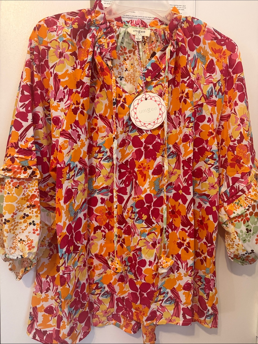 Umgee Magenta & Orange Floral Tie-Neck Blouse